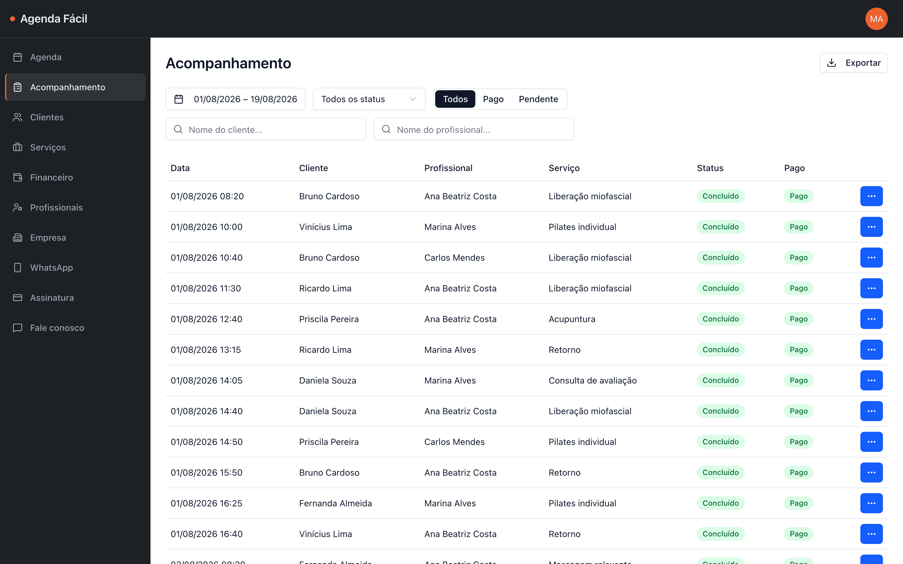 Lista de acompanhamento com data, cliente, profissional, serviço, status e situação de pagamento